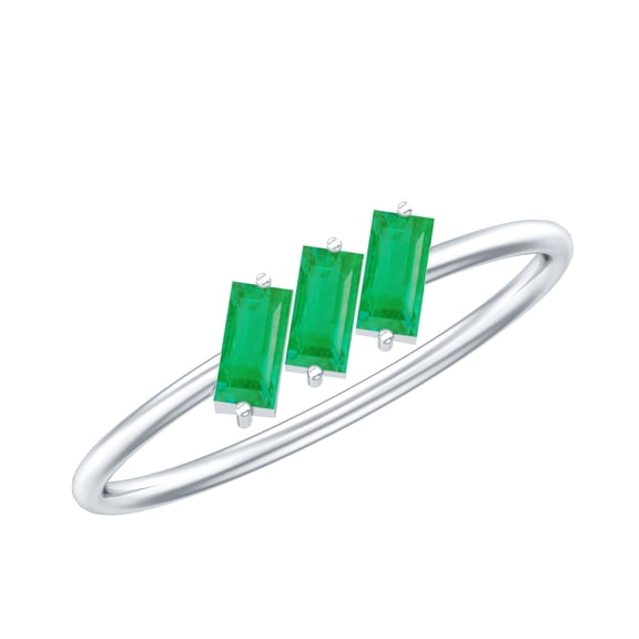Rosec Jewels Womens 1/4 CT Baguette Cut Emerald Three Stone Ring, Gold Emerald Ring, 3 Stone Emerald Gold Ring, 925 Sterling Silver, US 11.00