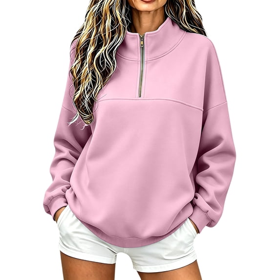 Womens 1/4 Zip Oversized Sweatshirts Mock Neck Long Sleeve Workout Pullover Tops Sweater Fall Clothes (L, Pink)