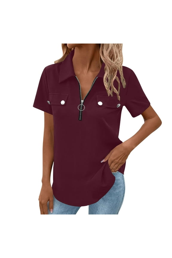 Womens 1/4 Zip Pullover Short Sleeve Tops Zipper Lapel Collar Fake Front Pockets Dressy Casual Blouses (2XL, Wine)