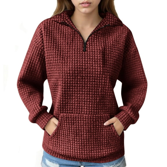 Womens 1/4 Zip Waffle Knit Sweatshirt Casual Loose Long Sleeve V Neck Half Zip Pullover Tops Fall Trendy Outfits