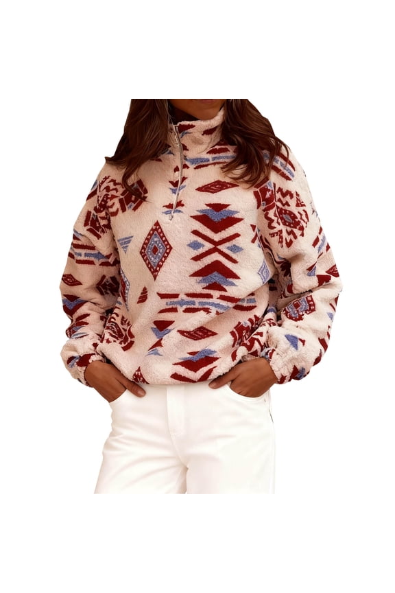 Womens 1/4 Zipper Sweatshirt Ethnic Aztec Printed Kangaroo Pocket Fall Winter Pullovers Jacket Unisex Hoodie Tops