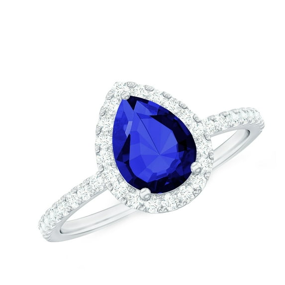 Rosec Jewels Lab Grown Blue Sapphire Teardrop Engagement Ring with Halo (6X8 mm) Blue Sapphire Diamond Ring - AAAA Grade, 10K White Gold, US 7.00