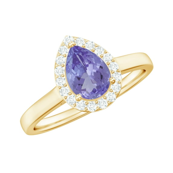 Rosec Jewels Natural Tanzanite Teardrop Engagement Ring with Halo - Tanzanite Diamond Ring for Women - Authentically Certified, 10K Yellow Gold, US 12.00