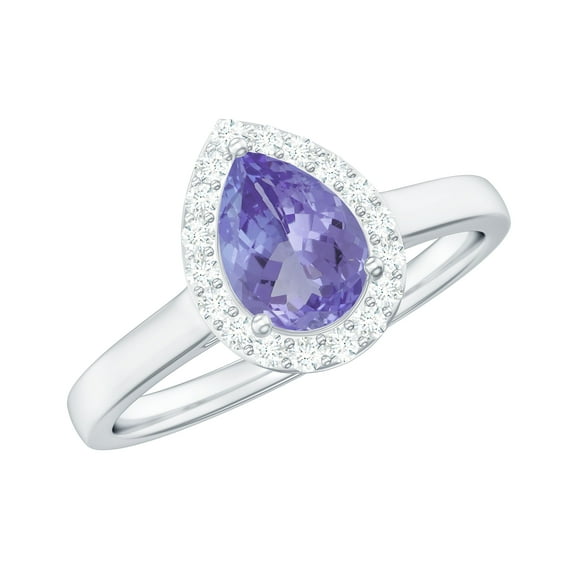 Rosec Jewels Natural Tanzanite Teardrop Engagement Ring with Halo - Tanzanite Diamond Ring for Women - Authentically Certified, 925 Sterling Silver, US 4.00