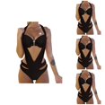 thumbnail image 1 of Womens 1-Piece V-Neck Ruched Halter Conjoined Swimsuit - Tummy Control Bathing Suit for Beach & Swim, 1 of 8