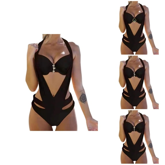 Womens 1-Piece V-Neck Ruched Halter Conjoined Swimsuit - Tummy Control Bathing Suit for Beach & Swim