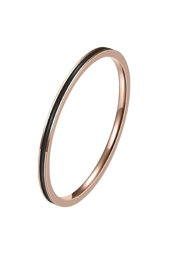 Womens 1 mm Stainless Steel Black Epoxy Wedding Engagement Simple Style Thin Band Rose Gold Flat Top Ring