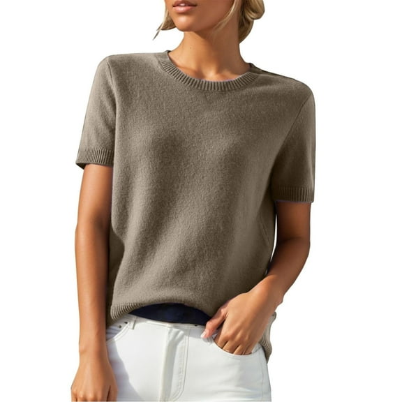 Womens 100% Merino Wool Crewneck Short Sleeve Sweater Khaki L