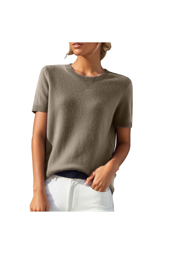 Womens 100% Merino Wool Crewneck Short Sleeve Sweater Khaki L