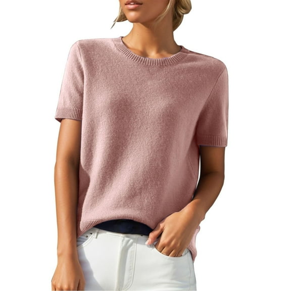 Womens 100% Merino Wool Crewneck Short Sleeve Sweater Light pink XL