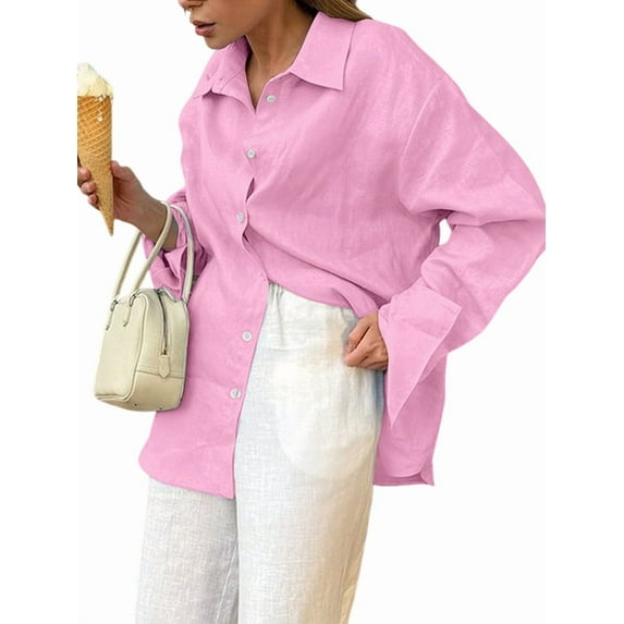 Womens 100% Cotton Button Down Shirt Pink M