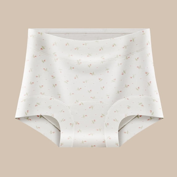 Womens 100% Cotton High Waisted Underwear Floral Print Breathable Briefs Tummy Control Full Coverage White,Size M