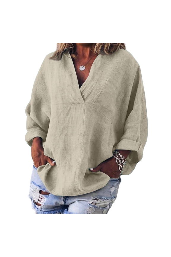 Womens V Neck Shirts Linen Cotton Long Sleeve Blouse Tunic Tops Cover Up Shirt Loose Beach Bikini Dress Beige S