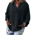 thumbnail image 1 of Womens V Neck Shirts Linen Cotton Long Sleeve Blouse Tunic Tops Cover Up Shirt Loose Beach Bikini Dress Black 3XL, 1 of 6