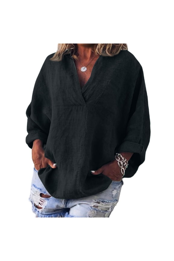 Womens V Neck Shirts Linen Cotton Long Sleeve Blouse Tunic Tops Cover Up Shirt Loose Beach Bikini Dress Black 3XL