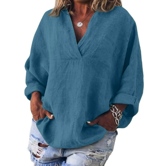Womens V Neck Shirts Linen Cotton Long Sleeve Blouse Tunic Tops Cover Up Shirt Loose Beach Bikini Dress Blue 3XL