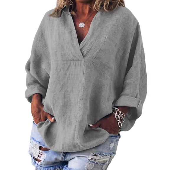 Womens V Neck Shirts Linen Cotton Long Sleeve Blouse Tunic Tops Cover Up Shirt Loose Beach Bikini Dress Light Gray S