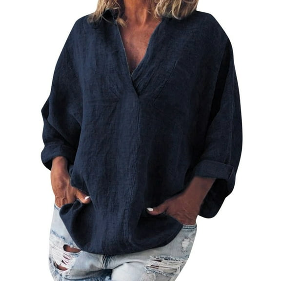 Womens 100% Cotton Linen Tunic Long Sleeve V Neck Gauze Shirt Casual Work Lounge Blouse Tops Navy XL