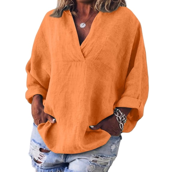 Womens V Neck Shirts Linen Cotton Long Sleeve Blouse Tunic Tops Cover Up Shirt Loose Beach Bikini Dress Saffron M