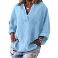 thumbnail image 1 of Womens 100% Cotton Linen Tunic Long Sleeve V Neck Gauze Shirt Casual Work Lounge Blouse Tops Sky Blue L, 1 of 6