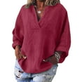 thumbnail image 1 of Womens V Neck Shirts Linen Cotton Long Sleeve Blouse Tunic Tops Cover Up Shirt Loose Beach Bikini Dress Wine 4XL, 1 of 6