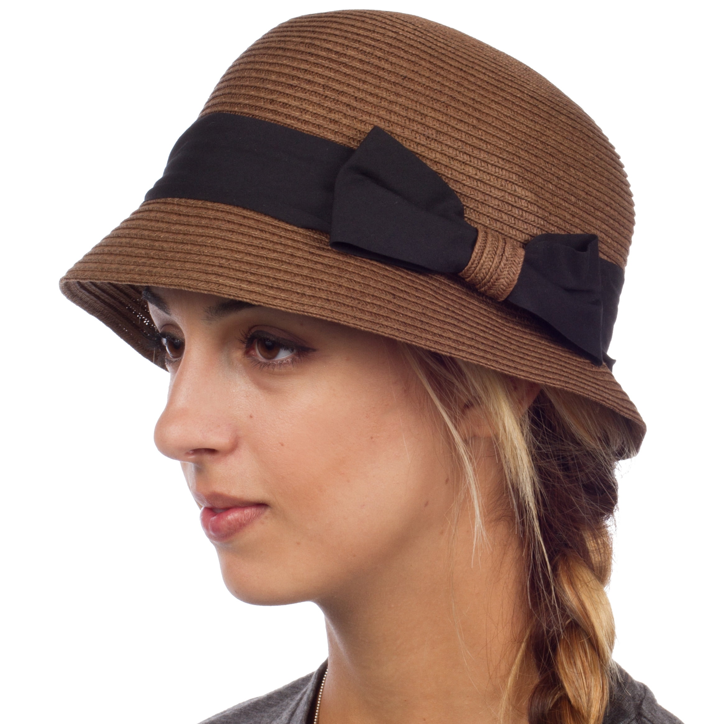 Womens 100% Paper Straw Ribbon Bow Accent Cloche Bucket Bell  display picture 2