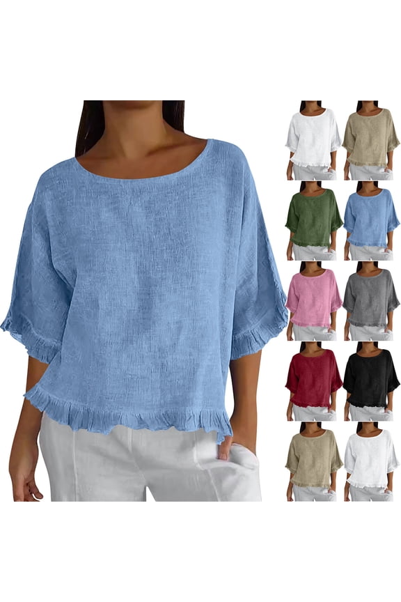 Womens 100 Percent Cotton Summer Tops 3/4 Sleeve Crew Neck Wrap Tops - Ruffle Detail for Boho Black L