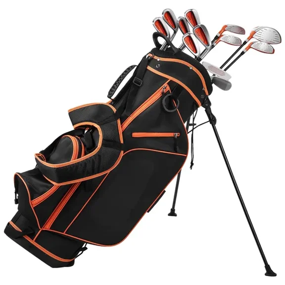 Womens 12 Piece Golf Club Set Right Handed 460CC Driver 3 5 Fairway Wood 4 Hybrid 5 6 7 8 9 PW SW Irons L Shaped Putter Stand Bag Orange