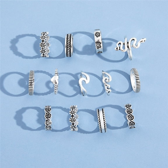 Womens 13-Piece Flower Metal Alloy Geometric Ring Set: Trendy Stackable, Knuckle, and Midi Rings for Everyday Fashion