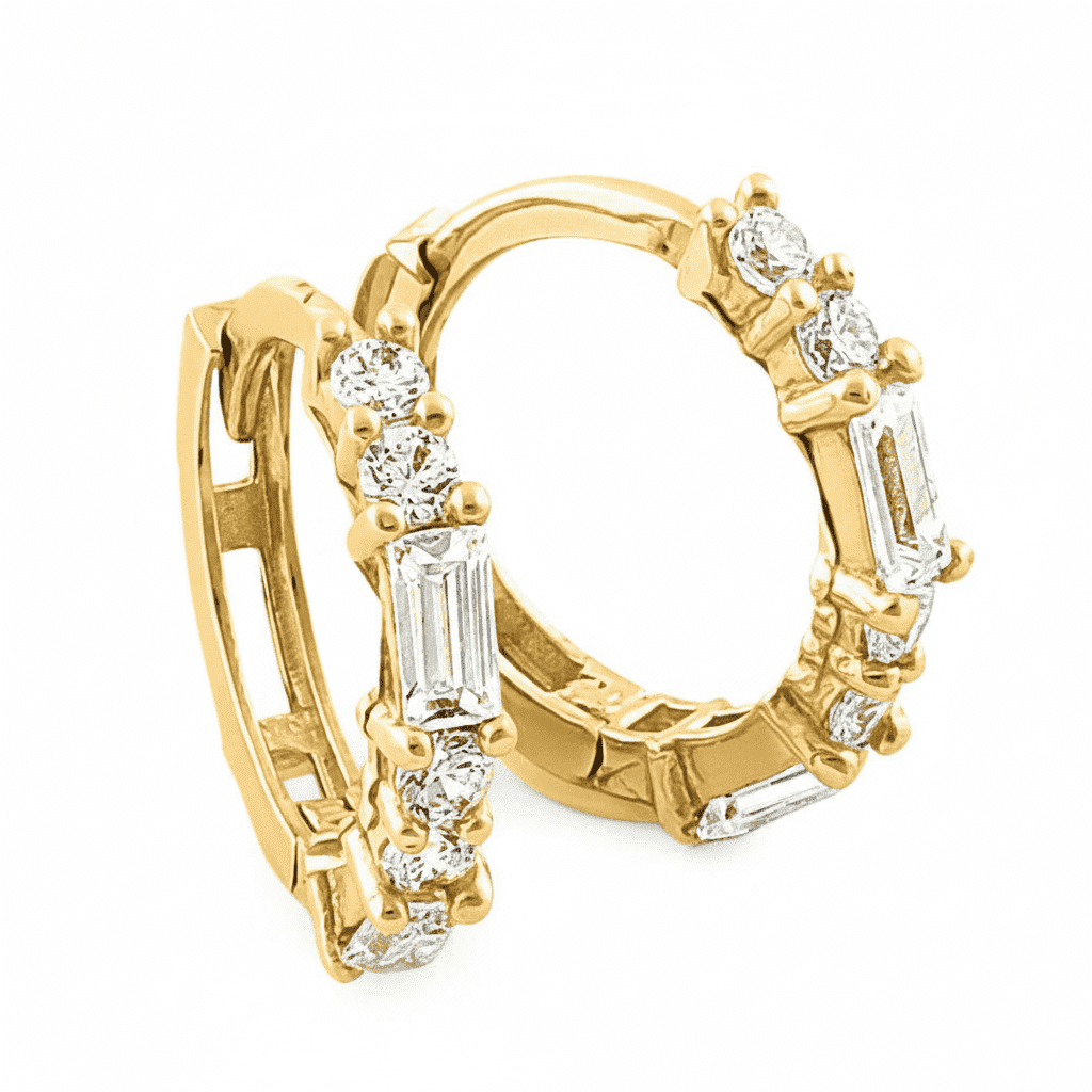 Vinali 14K Yellow Gold CZ Huggie Hoop Earrings, Round and Baguette Cut