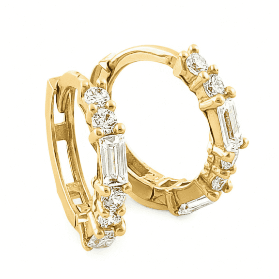 Vinali 14K Yellow Gold CZ Huggie Hoop Earrings, Round and Baguette Cut