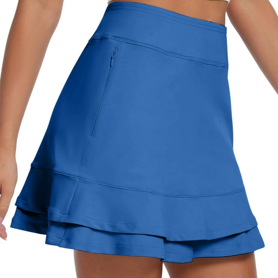 Womens 16" Skorts Tennis Golf Skirt with Pockets Ruffled Stretchy High Waisted Athletic Running Skirts, Blue L