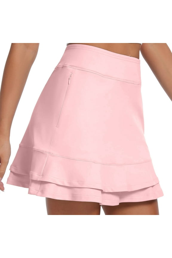 Womens 16" Skorts Tennis Golf Skirt with Pockets Ruffled Stretchy High Waisted Athletic Running Skirts, Pink L