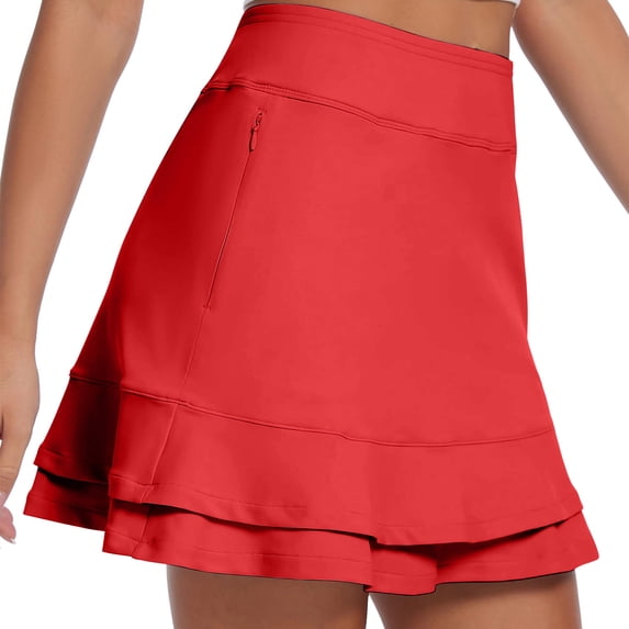 Womens 16" Skorts Tennis Golf Skirt with Pockets Ruffled Stretchy High Waisted Athletic Running Skirts, Red XL
