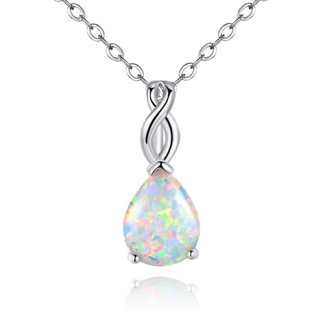 Womens 18K White Gold Plated 8*10mm Teardrop Fire Opal Birthstone Gemstone Pendant Necklace Mother's Day Gifts for Mom Grandmother