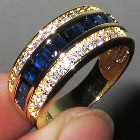 Womens 18k Gold Plated Ring with Zirconia Sapphire Inlay Artificial Gemstones European American Customizable Ring Elegant Jewelry Gift for Her