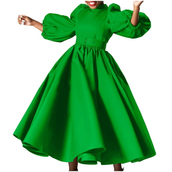 Womens 1950s Vintage Dresses Mock Neck Long Sleeve A Line Dresses Formal Church Cocktail Swing Dress with Belt