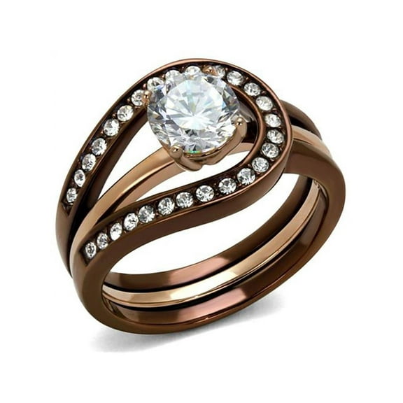 Womens 1Ct Cubic Zirconia Rose and Brown Stainless Steel 2 Piece Wedding Ring Set Size 5