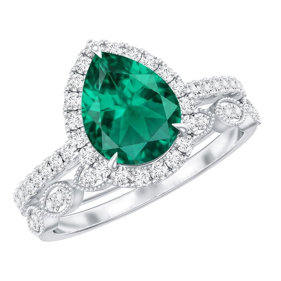 Rosec Jewels Womens Created Emerald Solitaire Rings Set with Diamond, Teardrop Ring for Her, 18K White Gold, US 5.00