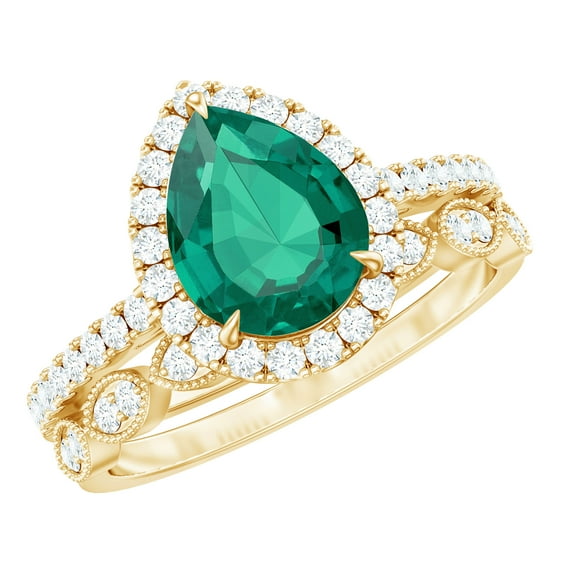 Rosec Jewels Womens Created Emerald Solitaire Rings Set with Diamond, Teardrop Ring for Her, 18K Yellow Gold, US 11.00