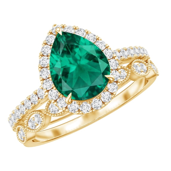 Rosec Jewels Womens Created Emerald Solitaire Rings Set with Diamond, Teardrop Ring for Her, 18K Yellow Gold, US 9.50