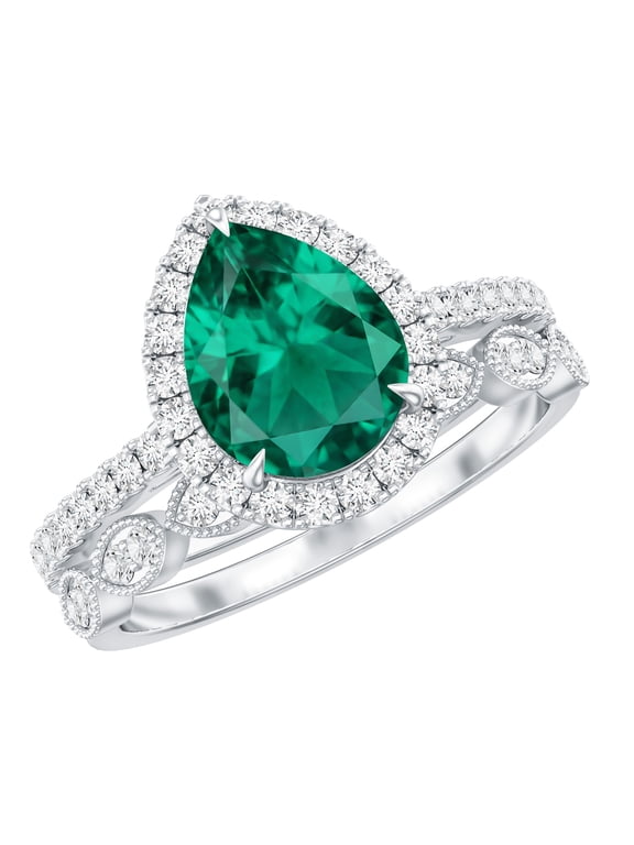 Womens Created Emerald Solitaire Rings Set with Diamond, Teardrop Ring for Her, 925 Sterling Silver, US 4.00