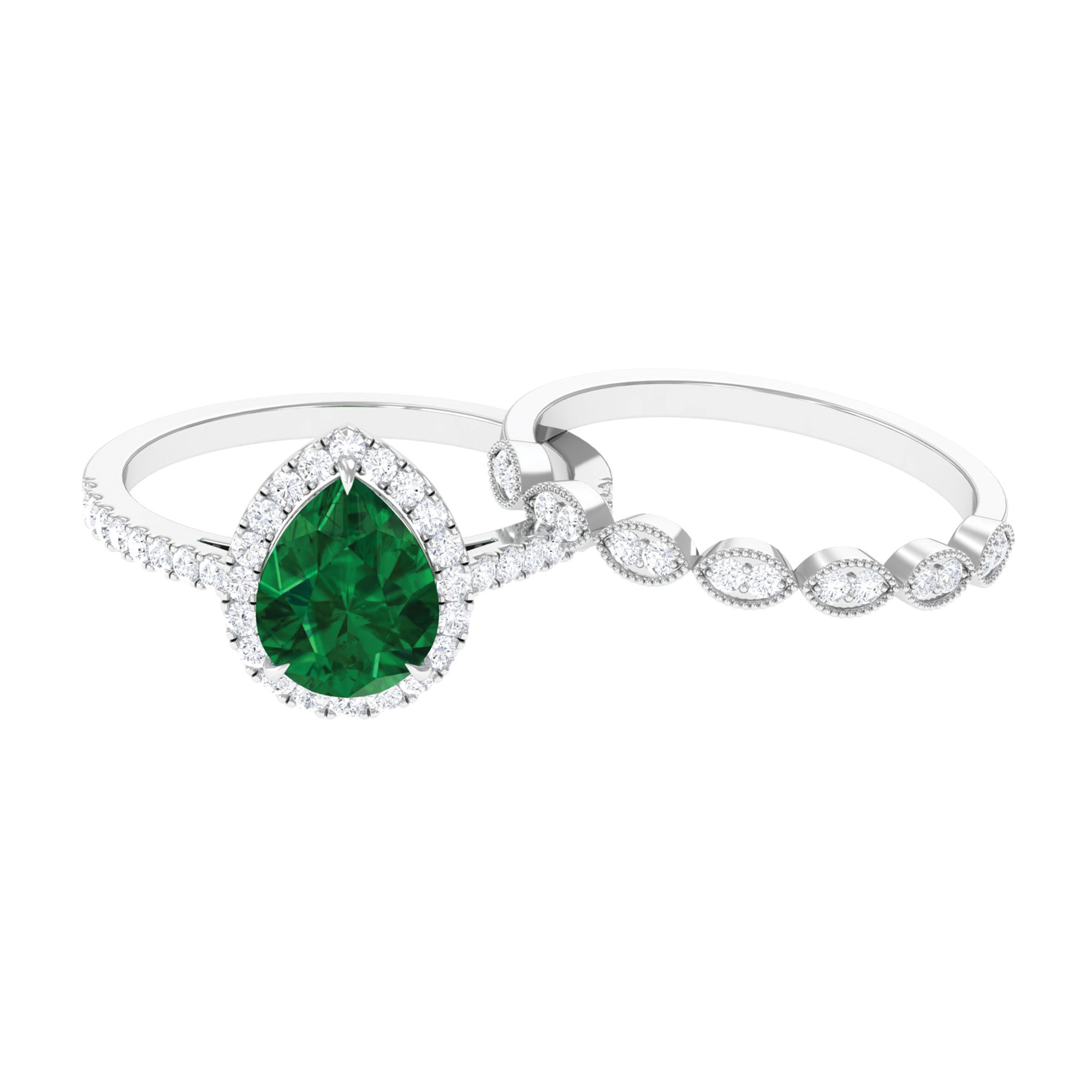 Womens 2.50 CT Created Emerald Solitaire Rings Set with Diamond
