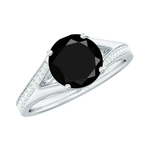 Rosec Jewels Womens Round Black Spinel Solitaire and Diamond Split Shank Ring, 18K White Gold, US 6.00