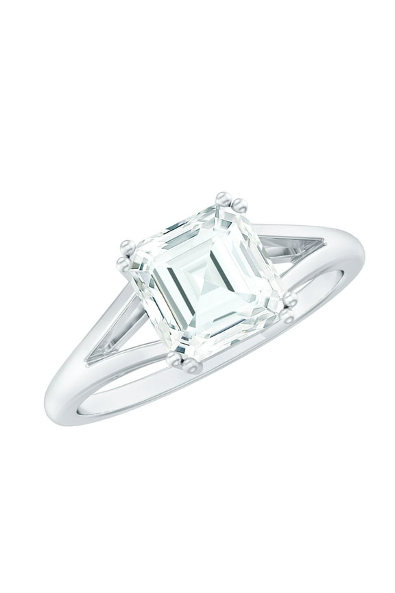 Certified Moissanite Asscher Cut Engagement Ring 3 Carat - Split Shank Ring - 8 mm - D-VS1 Quality, 14K White Gold, US 7.00