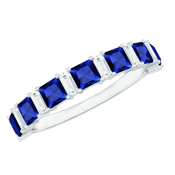 Rosec Jewels Princess Cut Lab Grown Blue Sapphire Half Eternity Band - Certified Blue Sapphire Diamond Ring - AAAA Quality, 10K White Gold, US 13.00