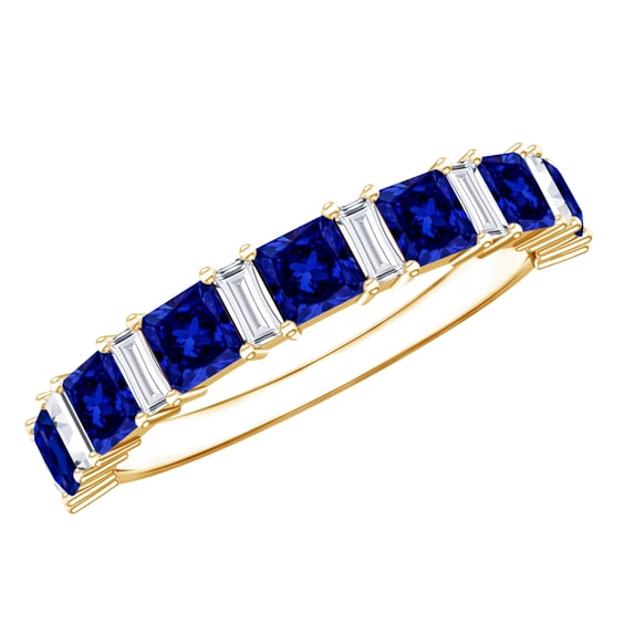 Rosec Jewels Princess Cut Lab Grown Blue Sapphire Half Eternity Band - Certified Blue Sapphire Diamond Ring - AAAA Quality, 10K Yellow Gold, US 3.50