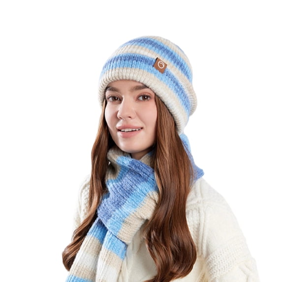 Womens 2 PCS Beanies Scarf Set Winter Rainbow Striped Cuffed Knit Beanie Hats Long Neck Scarfs Christmas Cold Weather Gear Blue