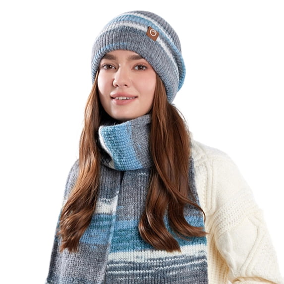 Womens 2 PCS Beanies Scarf Set Winter Rainbow Striped Cuffed Knit Beanie Hats Long Neck Scarfs Christmas Cold Weather Gear Gray