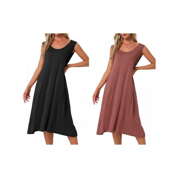 Womens 2-Pack Cotton Soft Long Nightgown Sleeveless Sleepwear Nightshirt Sleep Dress Chemise Full Slip Lounge Dress Large Black/Red